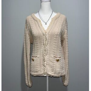 J. Crew Textured Cable-Knit Lady Jacket Fringe Cardigan Sweater ReImagined Beige